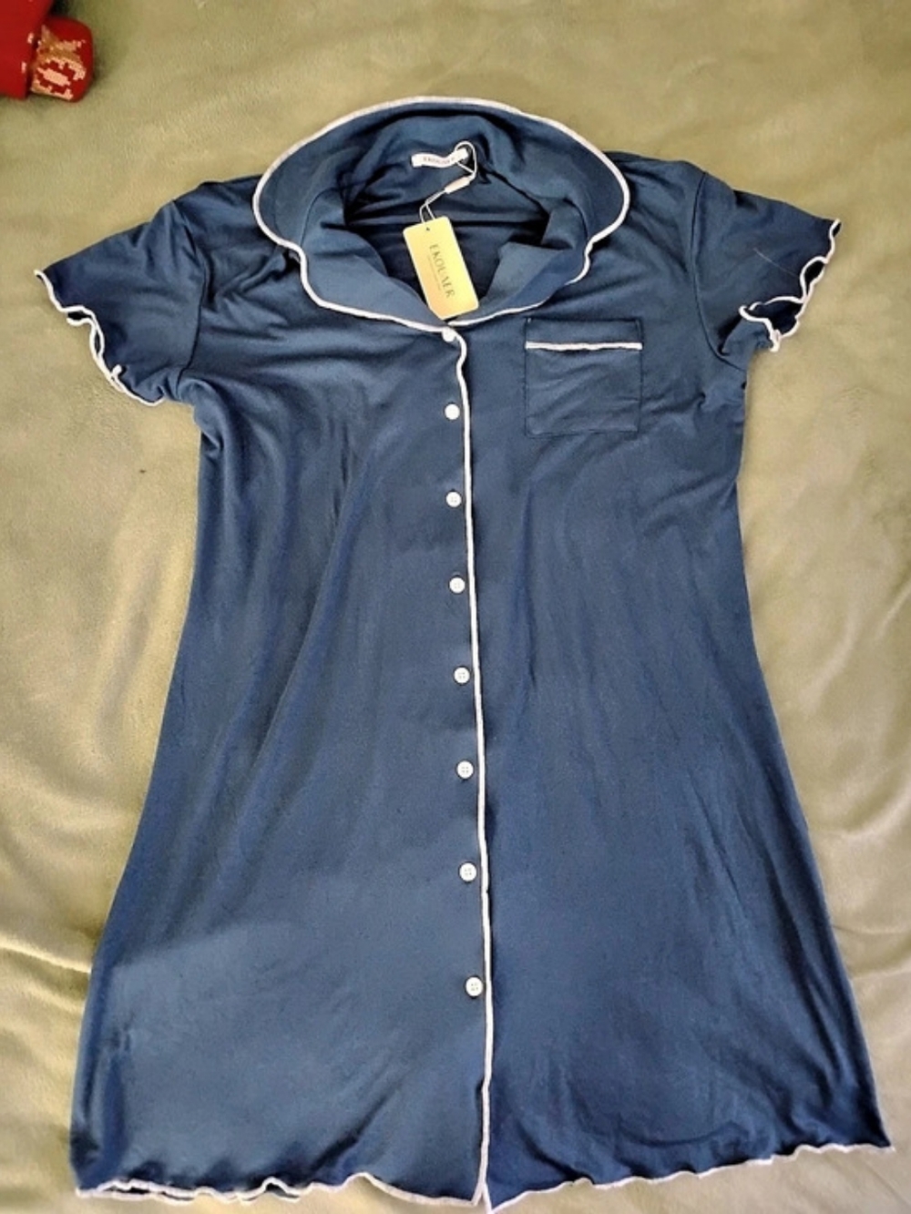 Ekouaer Women's Contrast Piping Ruffle Short Sleeve Nightshirt Contrast Piping